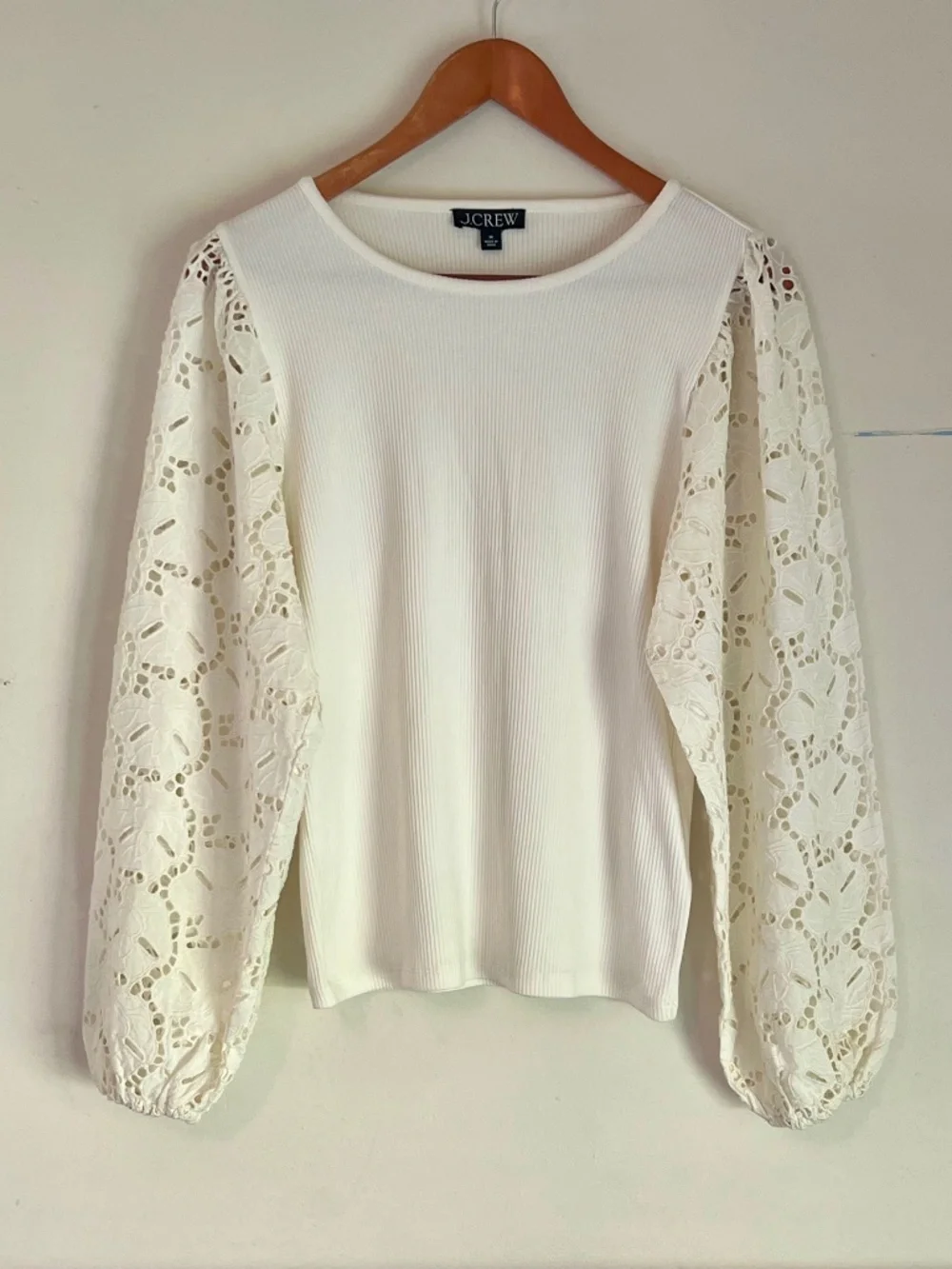 J. CREW Ivory Ribbed Knit Top with Eyelet Lace Puff Sleeves | Size Medium